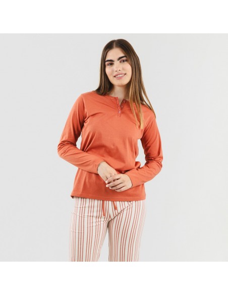 Pijama largo algodón Raya Alejandra teja