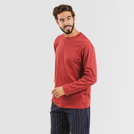 Pijama hombre franela Raya San Luis burdeos