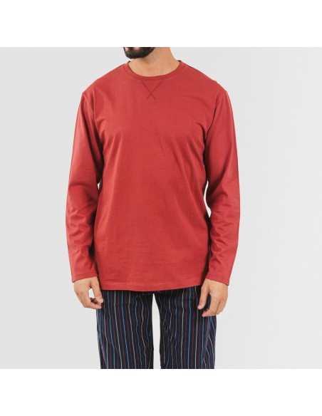 Pijama hombre franela Raya San Luis burdeos