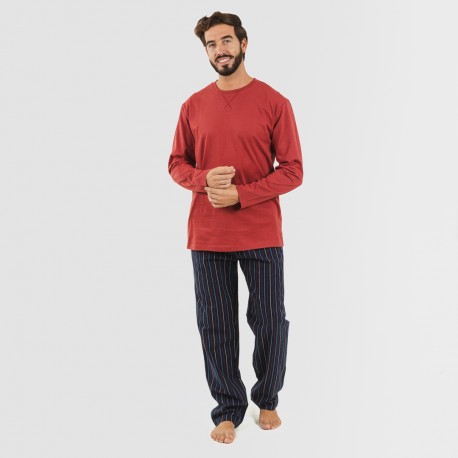 Pijama hombre franela Raya San Luis burdeos