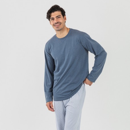Pijama largo algodón hombre Lista indigo