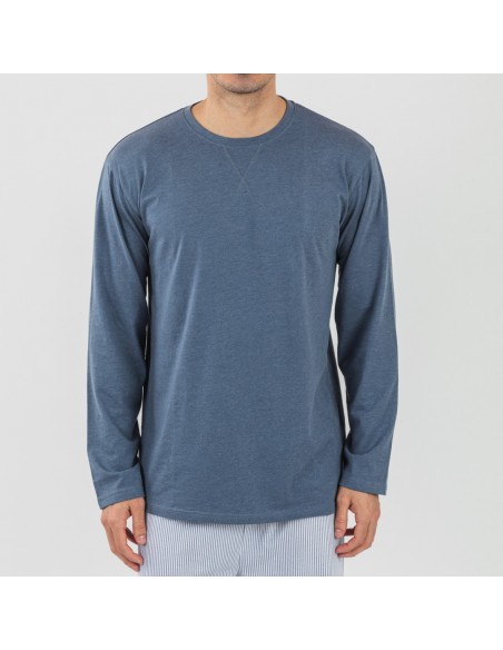 Pijama largo algodón hombre Lista indigo