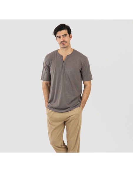 Pijama largo hombre de manga corta con botón Topo - arena