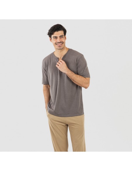 Pijama largo hombre de manga corta con botón Topo - arena