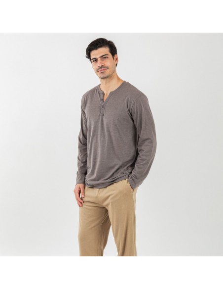 Pijama largo hombre con botones topo - arena