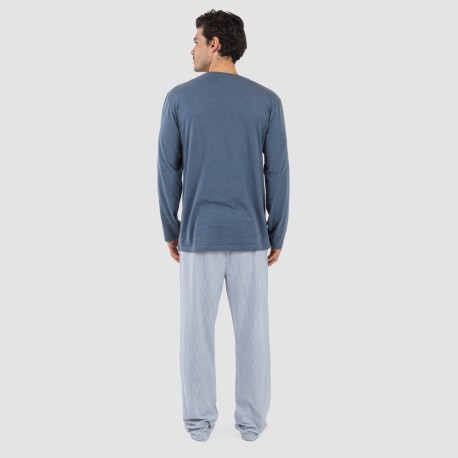 Pijama largo algodón hombre Lista indigo
