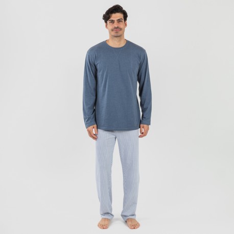 Pijama largo algodón hombre Lista indigo