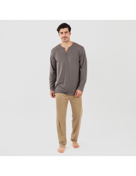 Pijama largo hombre con botones topo - arena
