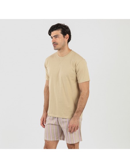 Pijama corto algodón hombre Raya Ico arena