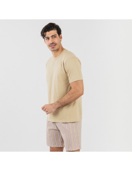Pijama corto algodón hombre Raya Ico arena