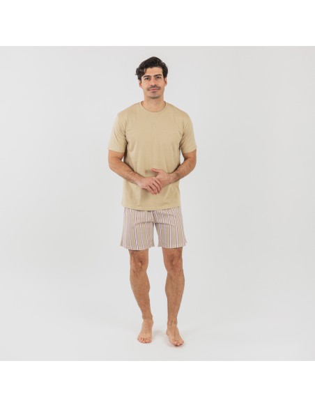 Pijama corto algodón hombre Raya Ico arena