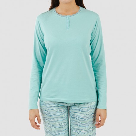 Pijama largo algodón Ola verde agua