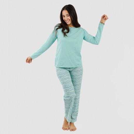 Pijama largo algodón Ola verde agua