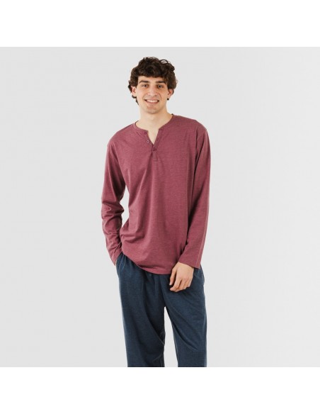 Pijama largo hombre con botones burdeos - marino