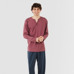 Pijama largo hombre con botones burdeos - marino 2