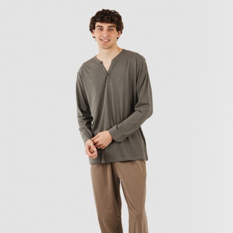 Pijama largo hombre con botones petroleo - marron