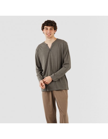 Pijama largo hombre con botones petroleo - marron