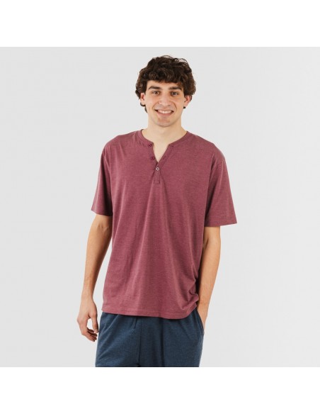 Pijama largo hombre de manga corta con botón burdeos - marino