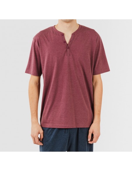 Pijama largo hombre de manga corta con botón burdeos - marino