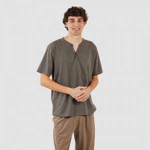 Pijama largo hombre de manga corta con botón petroleo - marron