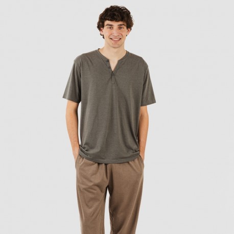 Pijama largo hombre de manga corta con botón petroleo - marron