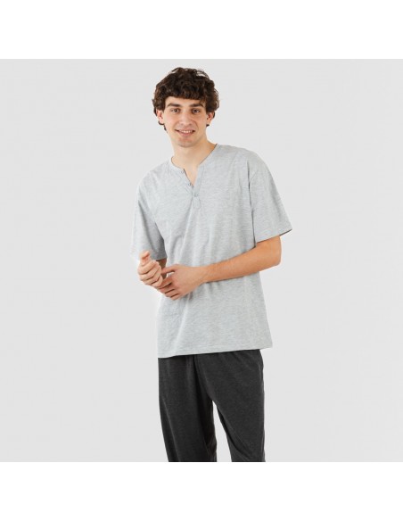 Pijama largo hombre de manga corta con boton perla - marengo