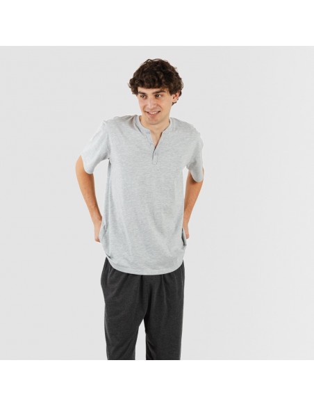 Pijama largo hombre de manga corta con boton perla - marengo