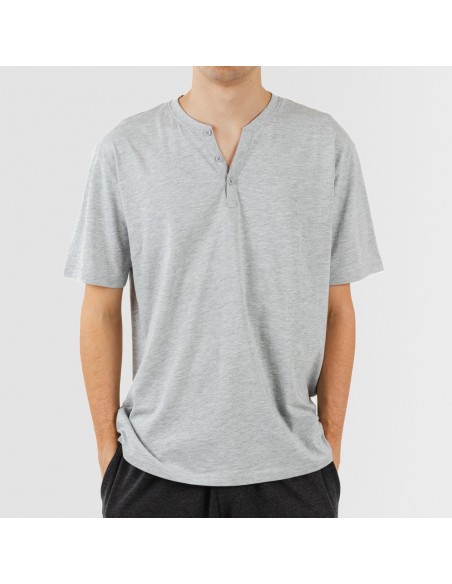 Pijama largo hombre de manga corta con boton perla - marengo