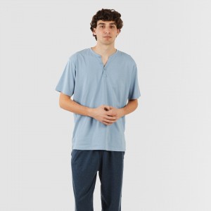 Pijama largo hombre de manga corta con boton indigo - marino 2