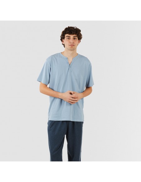 Pijama largo hombre de manga corta con boton indigo - marino