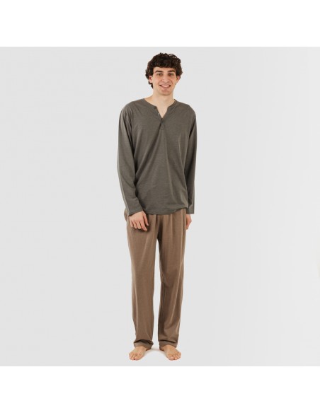 Pijama largo hombre con botones petroleo - marron