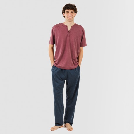 Pijama largo hombre de manga corta con botón burdeos - marino