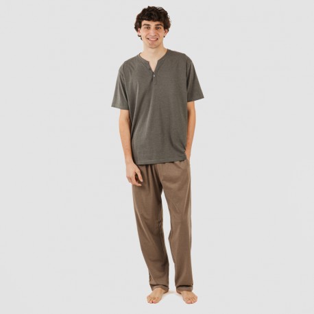 Pijama largo hombre de manga corta con botón petroleo - marron
