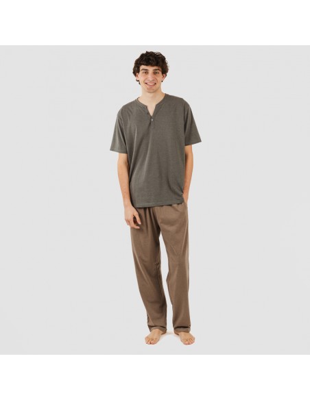 Pijama largo hombre de manga corta con botón petroleo - marron