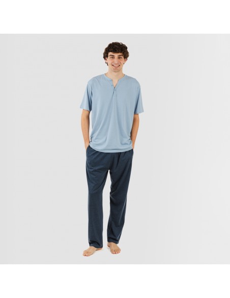 Pijama largo hombre de manga corta con boton indigo - marino