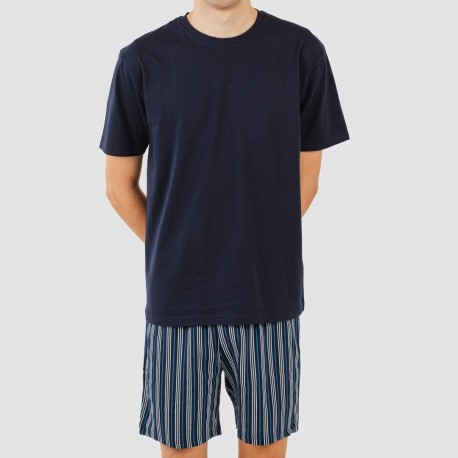 Pijama corto algodón hombre Raya Galileo azul marino
