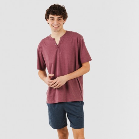 Pijama corto hombre con botones burdeos - marino