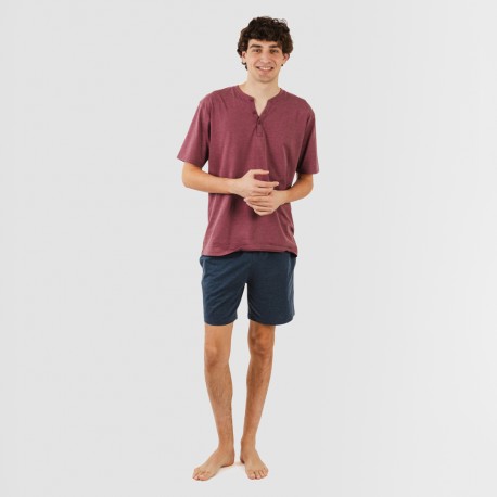 Pijama corto hombre con botones burdeos - marino