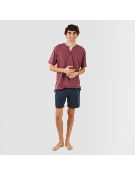 Pijama corto hombre con botones burdeos - marino