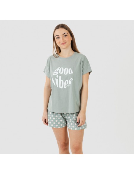 Pijama corto manga fluida algodón mujer Irati verde caceria