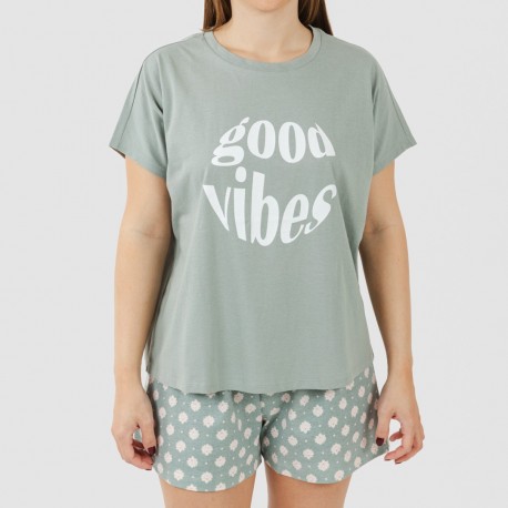 Pijama corto manga fluida algodón mujer Irati verde caceria