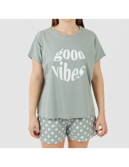 Pijama corto manga fluida algodón mujer Irati verde caceria