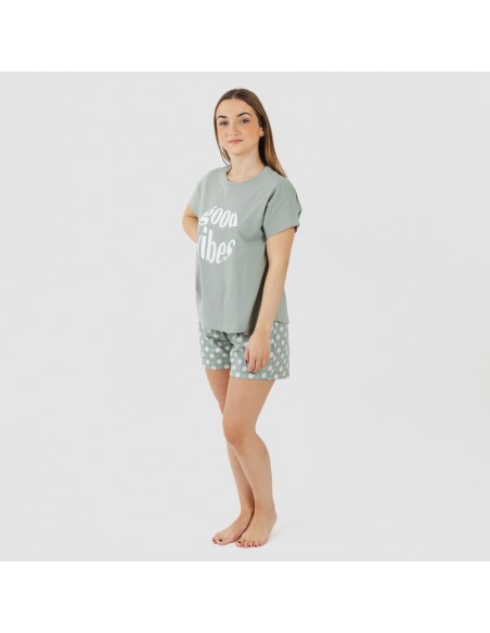 Pijama corto manga fluida algodón mujer Irati verde caceria
