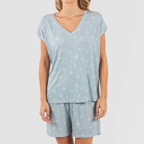 Pijama corto manga fluida viscosa mujer Adriane verde agua
