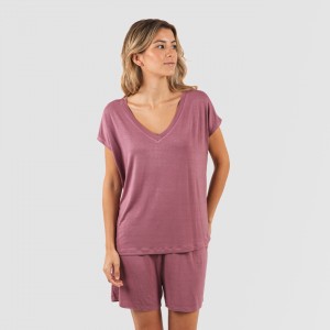 Pijama corto manga fluida viscosa mujer liso
