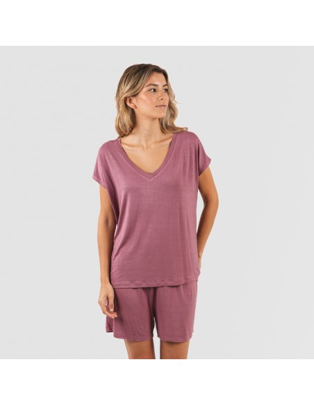 Pijama corto manga fluida viscosa mujer liso