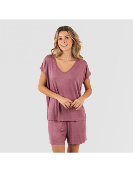 Pijama corto manga fluida viscosa mujer liso
