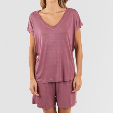 Pijama corto manga fluida viscosa mujer liso