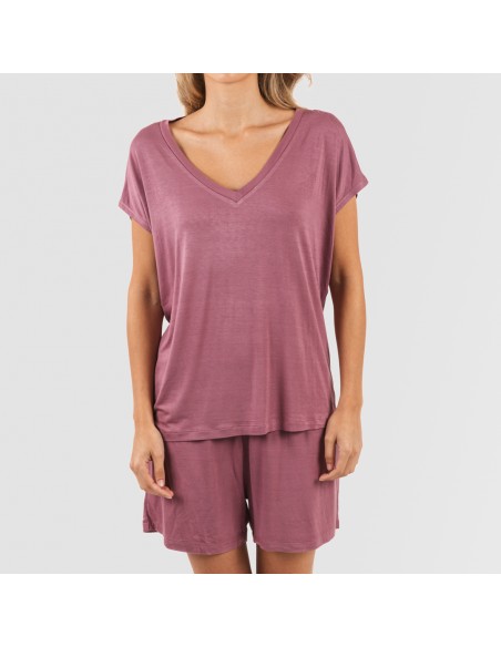 Pijama corto manga fluida viscosa mujer liso