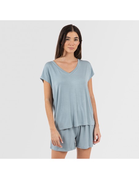 Pijama corto manga fluida viscosa mujer liso